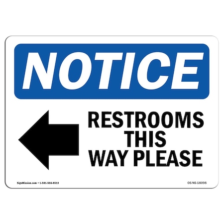 Signmission OSHA Sign, 10" H, Rigid Plastic, Restrooms This Way Please (Left Arrow) Sign With Symbol, Landscape OS-NS-P-1014-L-18098